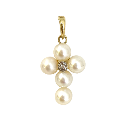 Cruz Perlas y Diamantes 14k