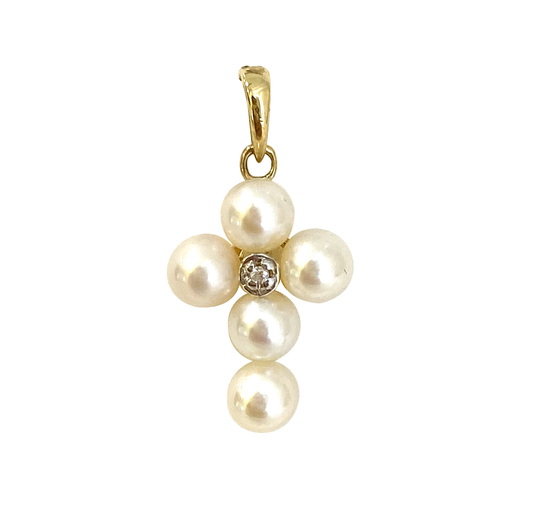 Cruz Perlas y Diamantes 14k